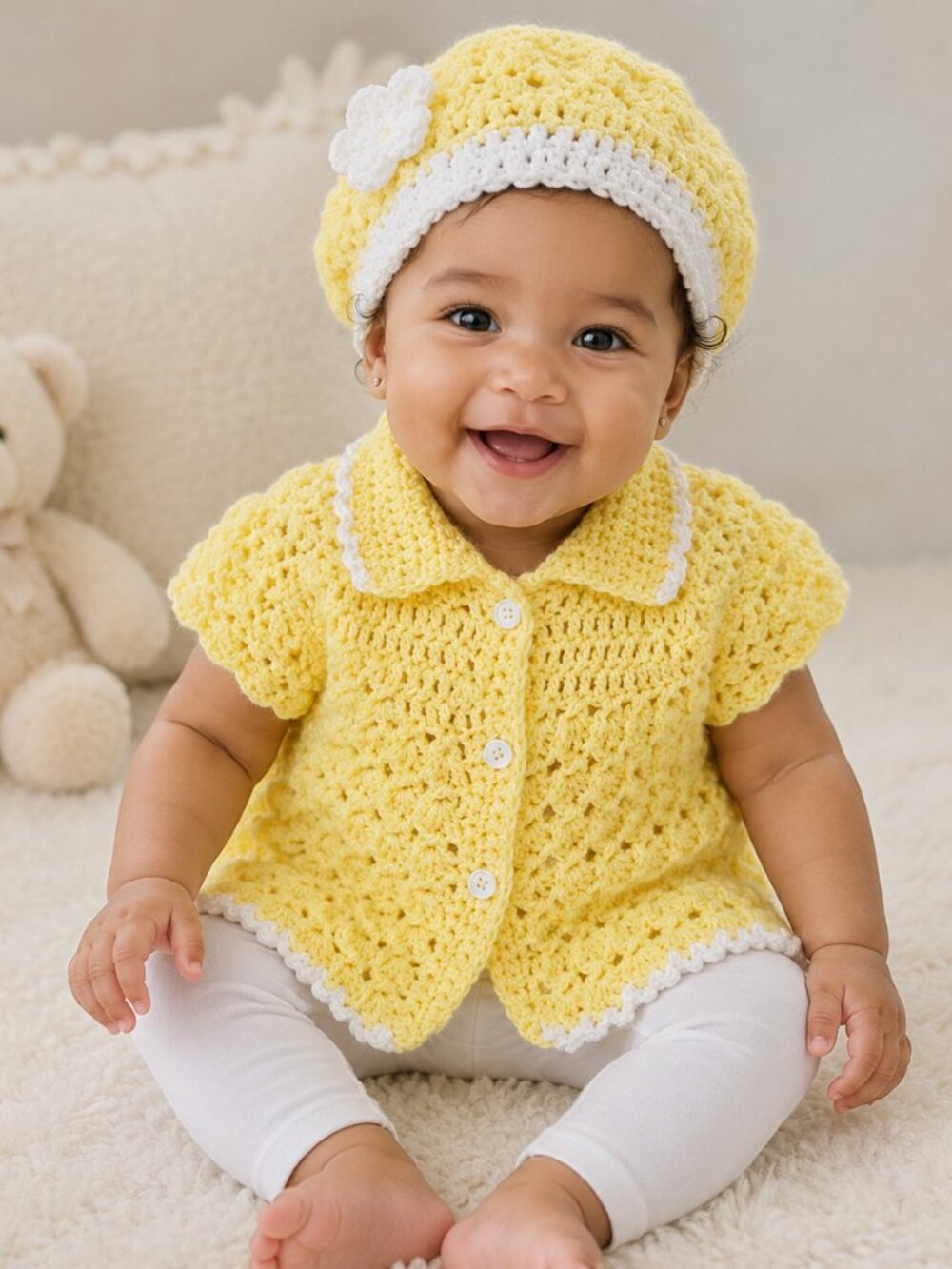 Handmade Crochet Baby Girl Yellow Cardigan & Hat Set 6-9M